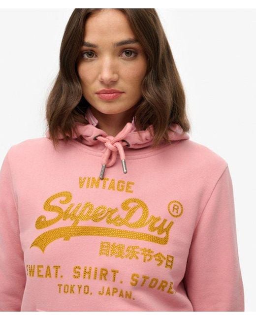 Superdry Pink Embellished Vintage Logo Relaxed Hoodie