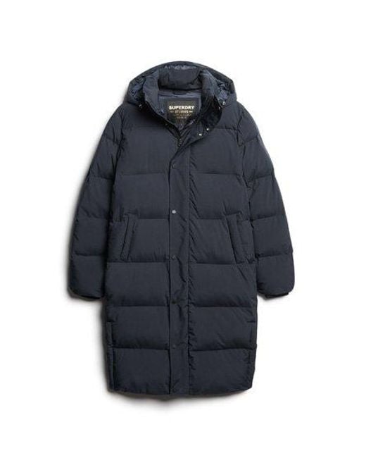 Superdry Blue Classic Logo Badge Longline Hooded Puffer Coat for men