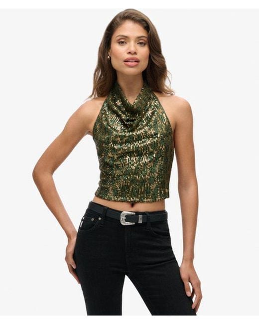 Superdry Green & Co Cowl Halter Neck Sequin Top