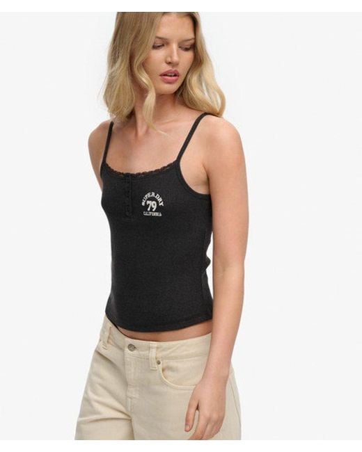 Superdry Black Athletic Essentials Embroidered Button Cami Top