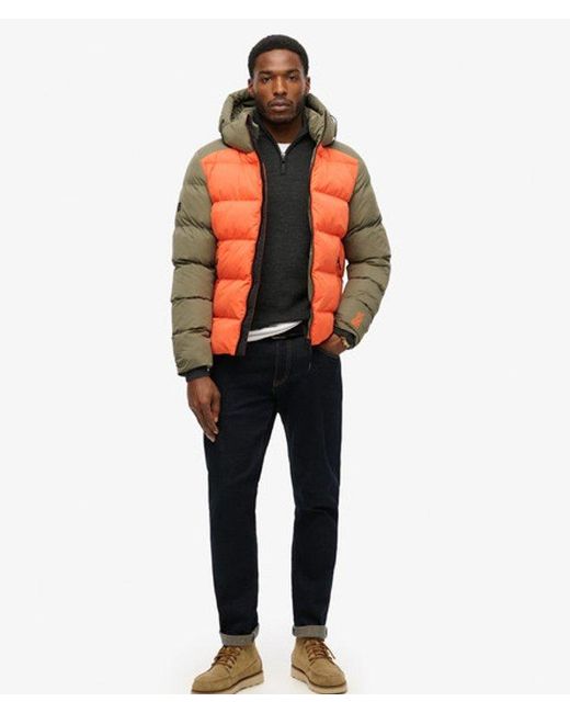 Superdry Orange Colourblock Hood Sport Puffer Jacket for men
