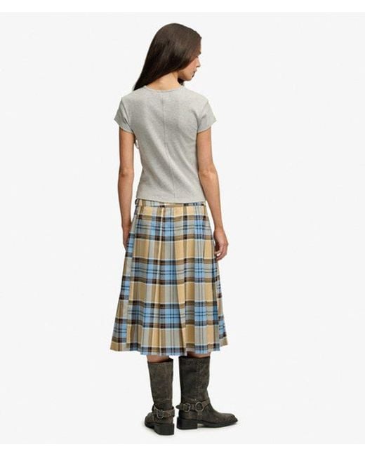 Superdry Blue & Co Check Pleated Midi Skirt