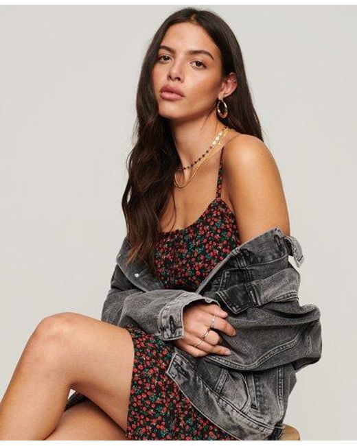 Superdry Brown Printed Button-Up Cami Midi Dress Ellys Floral