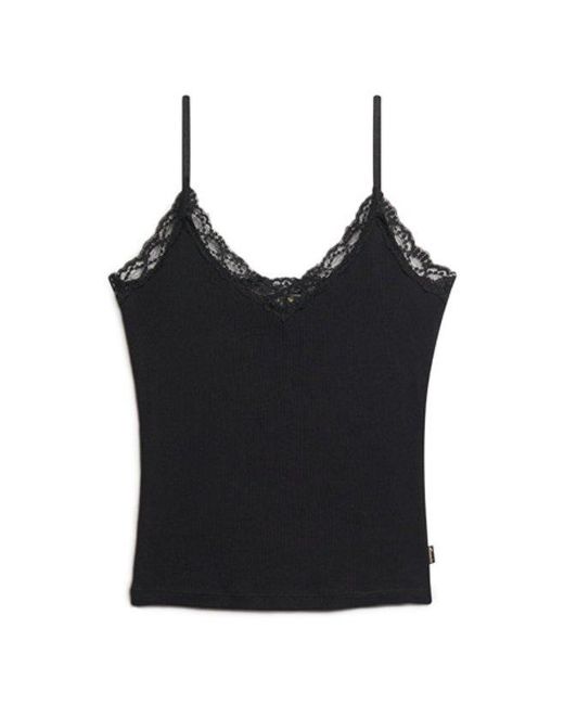 Superdry Black & Co Ladies Organic Cotton Vintage Rib Lace Trim Cami Top