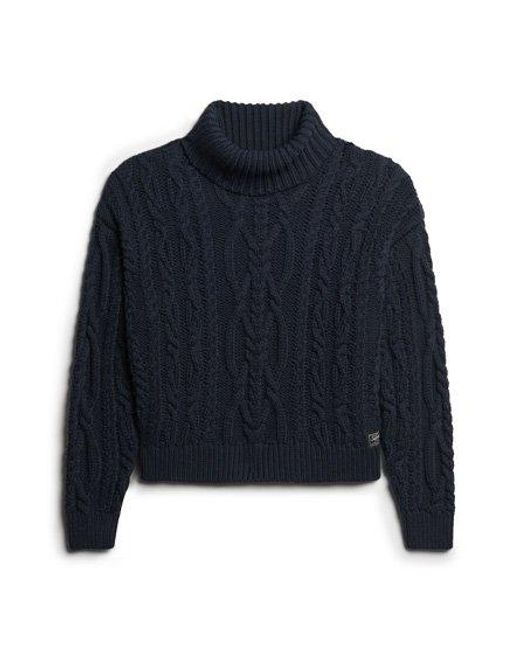 Superdry Blue Cable Knit Polo Neck Jumper