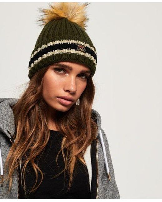 Superdry Black Aimee Stripe Ribbed Beanie Khaki