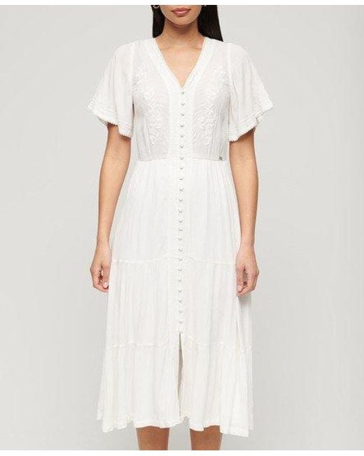 Superdry White Embroidered Tiered Midi Dress