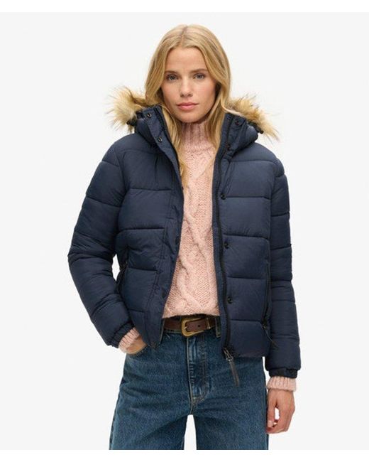 Superdry Blue Faux Fur Short Hooded Puffer Jacket