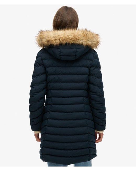 Superdry Blue & Co Slim Fit Logo Patch Fuji Faux Fur Hood Mid Length Puffer Coat