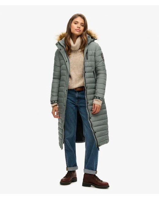 Superdry Blue & Co Quilted Fuji Hooded Long Puffer Coat