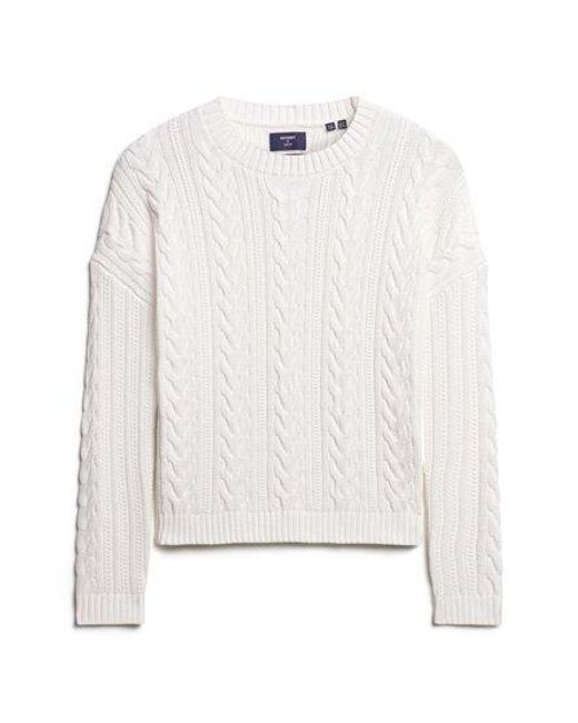 Superdry White Dropped Shoulder Cable Crew Jumper