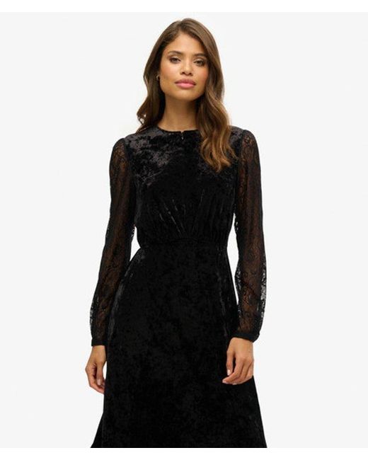 Superdry Black & Co Lace Sleeve Velvet Midi Dress