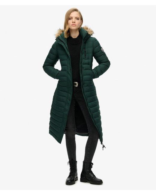 Superdry Green Faux Fur Hooded Longline Light Padded Puffer Coat