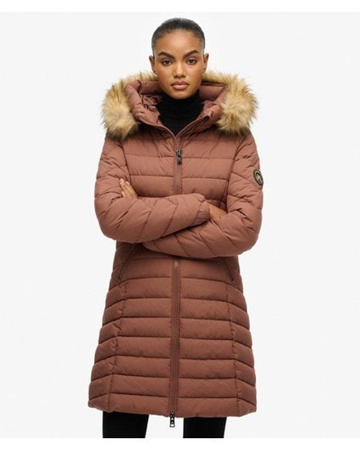 Superdry Brown & Co Fuji Faux Fur Hooded Mid Length Coat