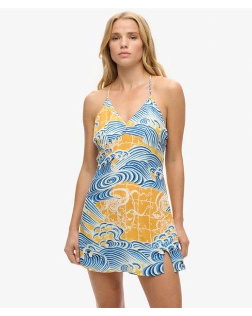 Superdry Blue Cupro Printed Mini Slip Dress