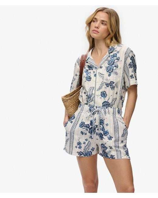 Superdry Blue Cotton Printed Beach Shorts