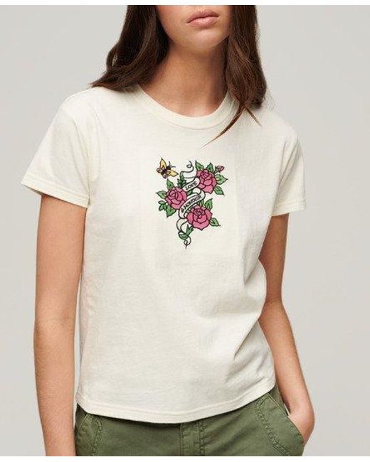 Superdry White Tattoo Embroidered Fitted T-shirt
