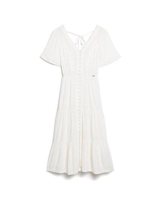 Superdry White Embroidered Tiered Midi Dress
