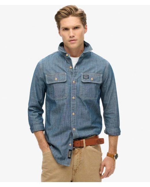 Superdry Blue Cotton Workwear Long Sleeve Shirt for men
