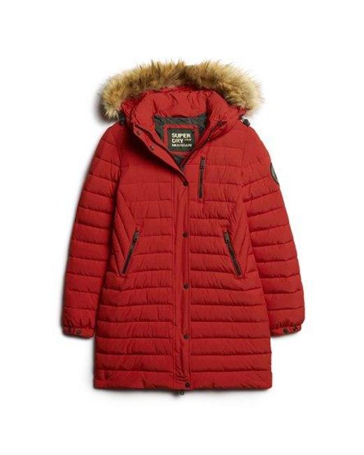 Superdry Red Fuji Hooded Mid Length Puffer Coat