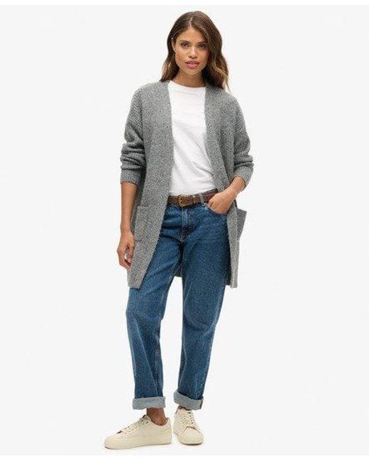 Superdry Gray Relaxed Longline Ribbed Knit Cardigan