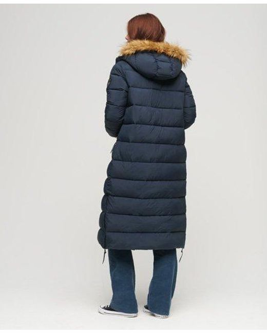 Superdry Blue Faux Fur Hooded Longline Puffer Coat