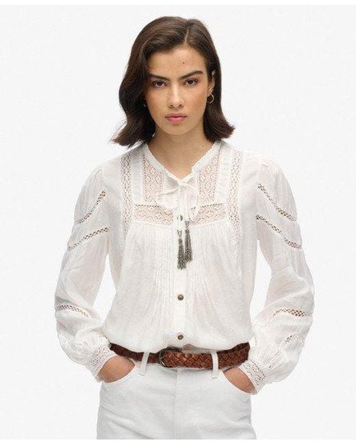 Superdry White Classic Lace Trim Woven Long-sleeved Blouse