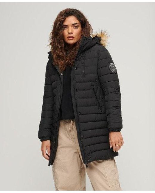 Superdry Black Quilted Fuji Hooded Mid Length Puffer Coat