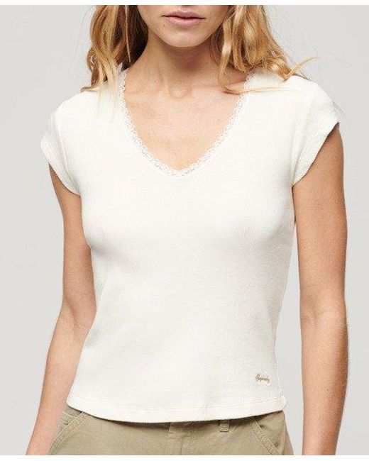 Superdry White Ladies Embroidered Organic Cotton Essential Lace Trim V-neck T-shirt