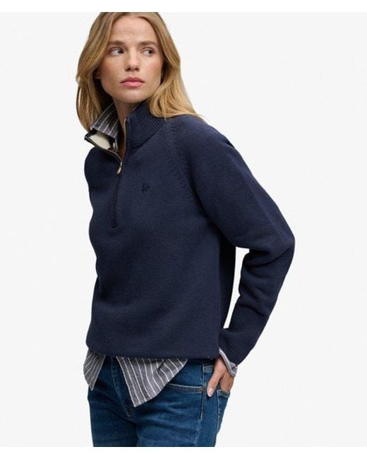 Superdry Blue Classic Cotton Knit Half Zip Jumper