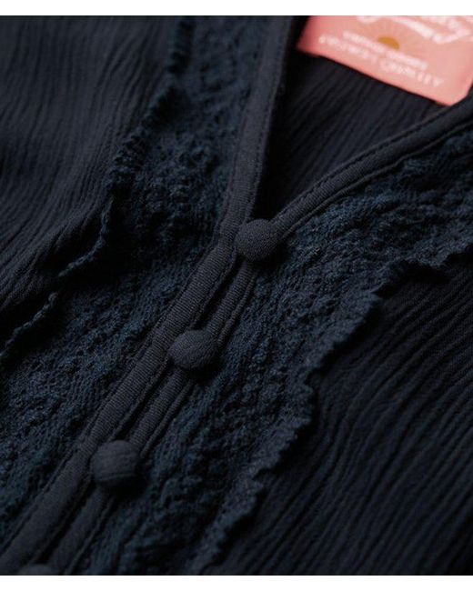 Superdry Blue & Co Classic Long Sleeve Lace Trim Smocked Blouse