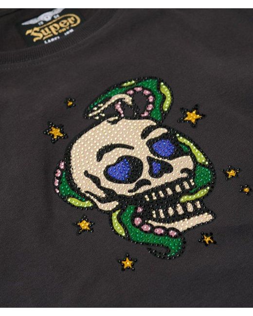 Petit t-shirt ajusté à strass effet tatouage Superdry en coloris Black