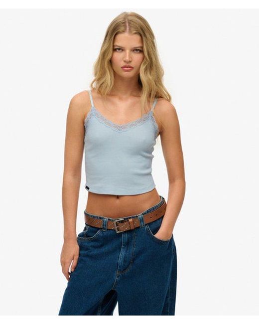 Superdry Blue Essential Lace Trim Cropped Cami Top