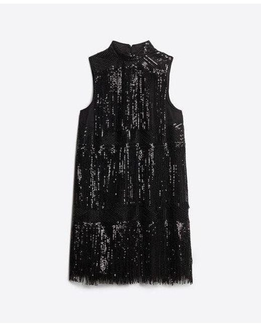 Superdry Black Classic Sequin Embellished Fringe A Line Mini Dress