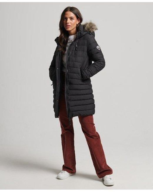 Superdry Faux Fur Hooded Mid Length Puffer Jacket Black