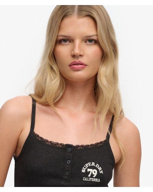 Superdry Black Athletic Essentials Embroidered Button Cami Top