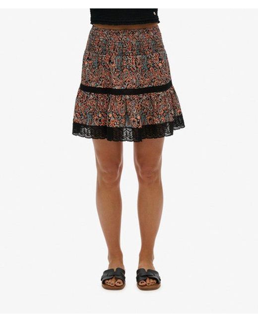 Superdry Black & Co Printed Lace Trim Mini Skirt