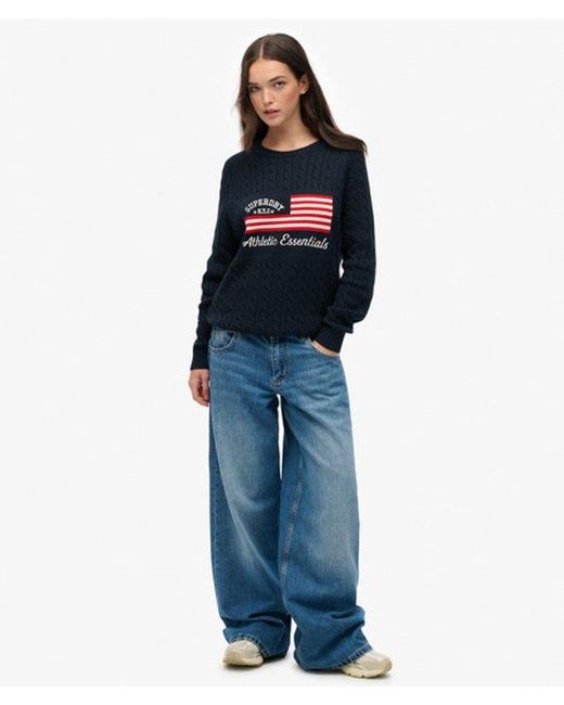 Superdry Blue Slouchy Cable Flag Knit Jumper