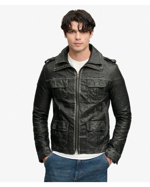 Superdry Black Brad Faux Leather Military Jacket for men