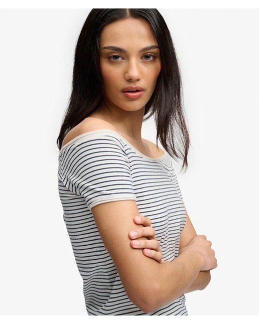 Superdry Blue Bardot Short Sleeve Off Shoulder Top