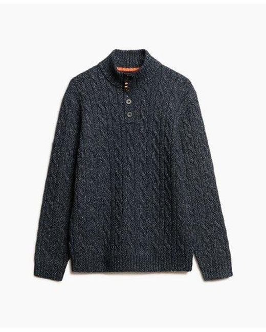 Superdry Blue Classic Cable Knit Button Neck Jumper for men