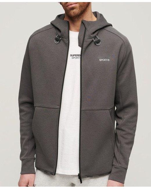 Superdry Gray Classic Embroidered Logo Sport Tech Loose Zip Hoodie for men