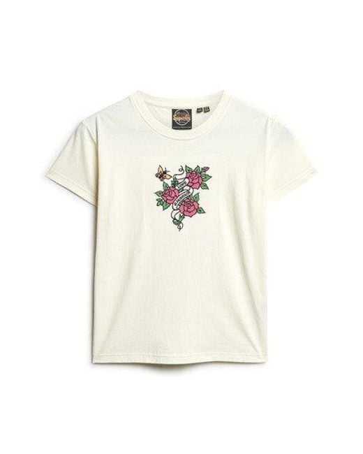 Superdry White Tattoo Embroidered Fitted T-shirt