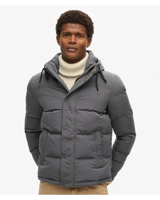 Superdry Gray Mens Fully Lined Brand Embroidered Everest Hooded Puffer Jacket for men
