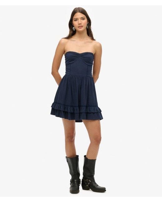 Superdry Blue Cotton 50s Lace Detail Detail Slim Fit Ruffle Bandeau Mini Dress