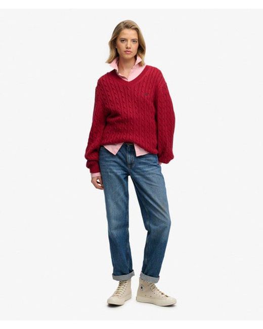 Superdry Red & Co Oversized V Neck Cable Jumper