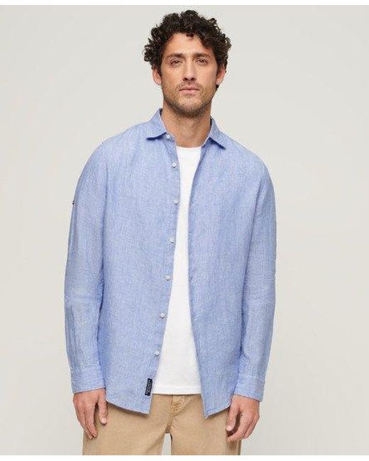 Superdry Blue Casual Linen Long Sleeve Shirt for men
