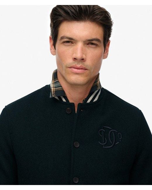 Superdry Black Varsity Monogram Wool Blend Bomber Jacket for men