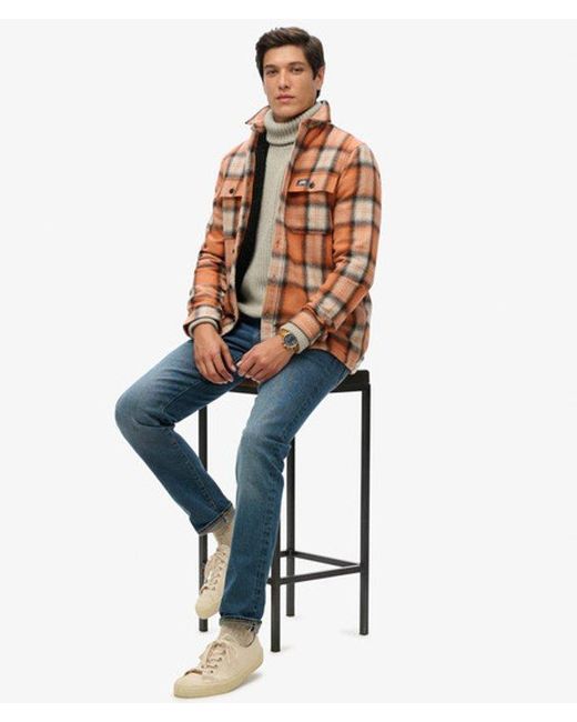 Superdry Orange Fleece-Lined Wool Check Overshirt Roderick Check for men