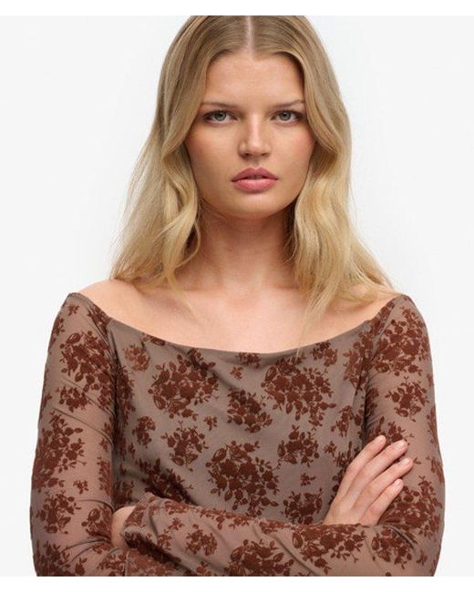 Superdry Brown & Co Flocked Mesh Long Sleeve Top